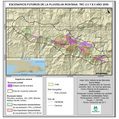 Escenario de la pluvisilva montana de la sierra de La Gran Piedra, para TRC de 2,6 y 8,5 W/m2 en 2050