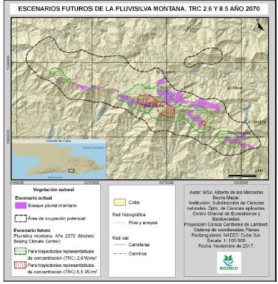 Escenario de la pluvisilva montana de la sierra de La Gran Piedra, para TRC de 2,6 y 8,5 W/m2 en 2070