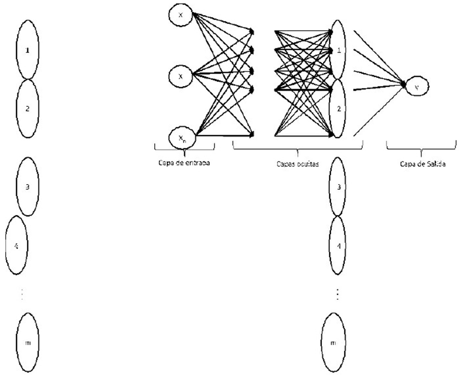 Arquitectura de una Red Neuronal Artificial Perceptrón Multicapa (RNAPM) con una salida entrenada por retropopagación del error.