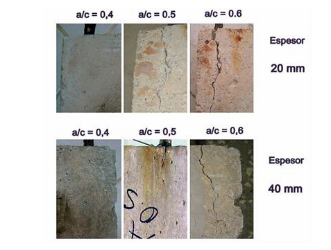 Observación visual de las probetas. Se observa el agrietamiento en el hormigón armado para las relaciones agua/cemento 0,5 y 0,6 a ambos espesores de recubrimiento.