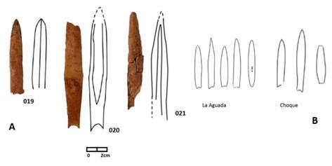 A. Puntas de proyectiles de hueso de la colecci�n Magdalena Herrera, caras dorsales y ventrales. B. Puntas de proyectiles de sitios de Cachi.