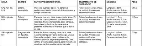Cuadro descriptivo de puntas de proyectiles de hueso de la colecci�n Magdalena Herrera.