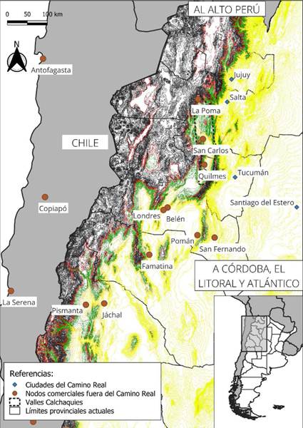 Ubicaci�n de los nodos comerciales alternativos al Camino Real conectados con los Valles Altos de Catamarca estudiados en este trabajo.
