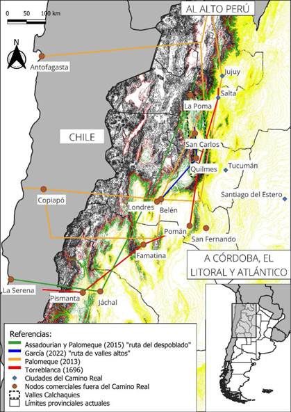 Ubicaci�n estimada de las rutas coloniales que pasaban por los Valles Altos de Catamarca.