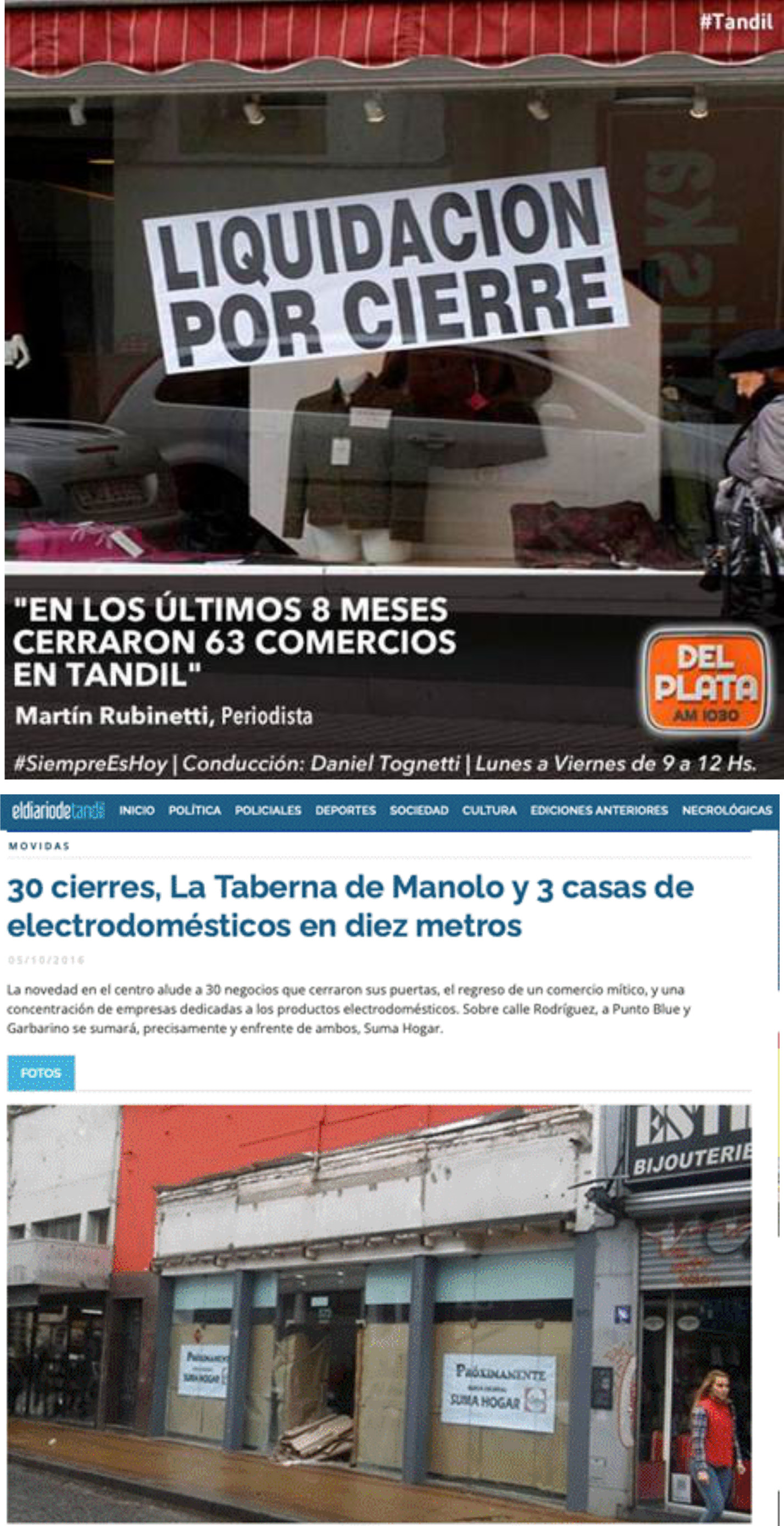 Publicaciones period�sticas alusivas al cierre de locales en Tandil en 2016.