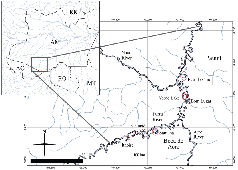 Location on the middle river Purus and
lakes analyzed.
