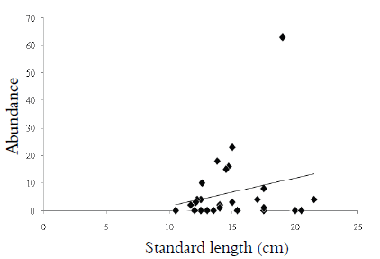 Correlation between Echinorhynchus sp.
abundance and S. marginatus standard length, in
the upper Paraná river floodplain, collected from March 2013 to September 2014.