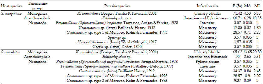 Endorasites of Serrasalmus
marginatus and S. maculatus from upper Paraná river Floodplain,
collected from March 2013 to September 2014. P = prevalence; MA = mean
abundance; MI = mean intensity.