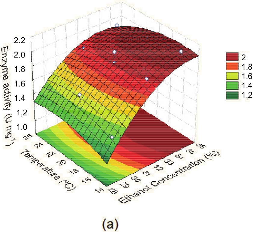 Gráfico de la superficie de respuesta que representa el efecto de a) temperatura y concentración de etanol, b) tiempo y concentración de etanol, c) tiempo y temperatura sobre la actividad beta-galactosidasa (U mg -1 ) de 
células de Saccharomyces fragilis IZ 275 permeabilizadas.