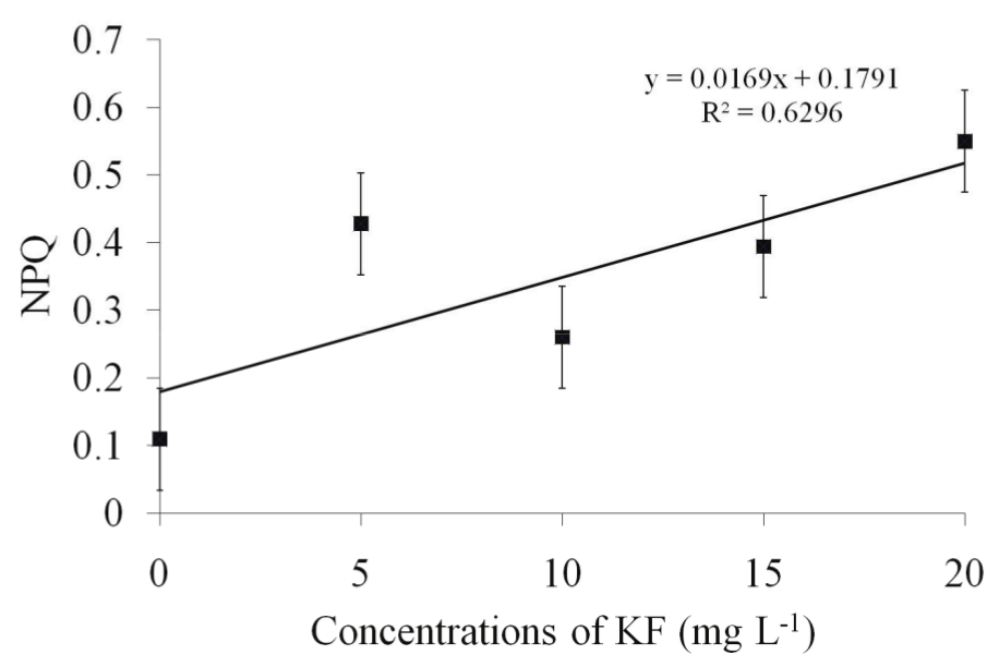 Coefficient
due to non-photochemical extinction (NPQ ) in Vitex polygama plants, in relation to the concentrations of KF in
the simulated rain (in mg L-1), after 10 days of simulation. The
vertical bars represent the mean standard deviation