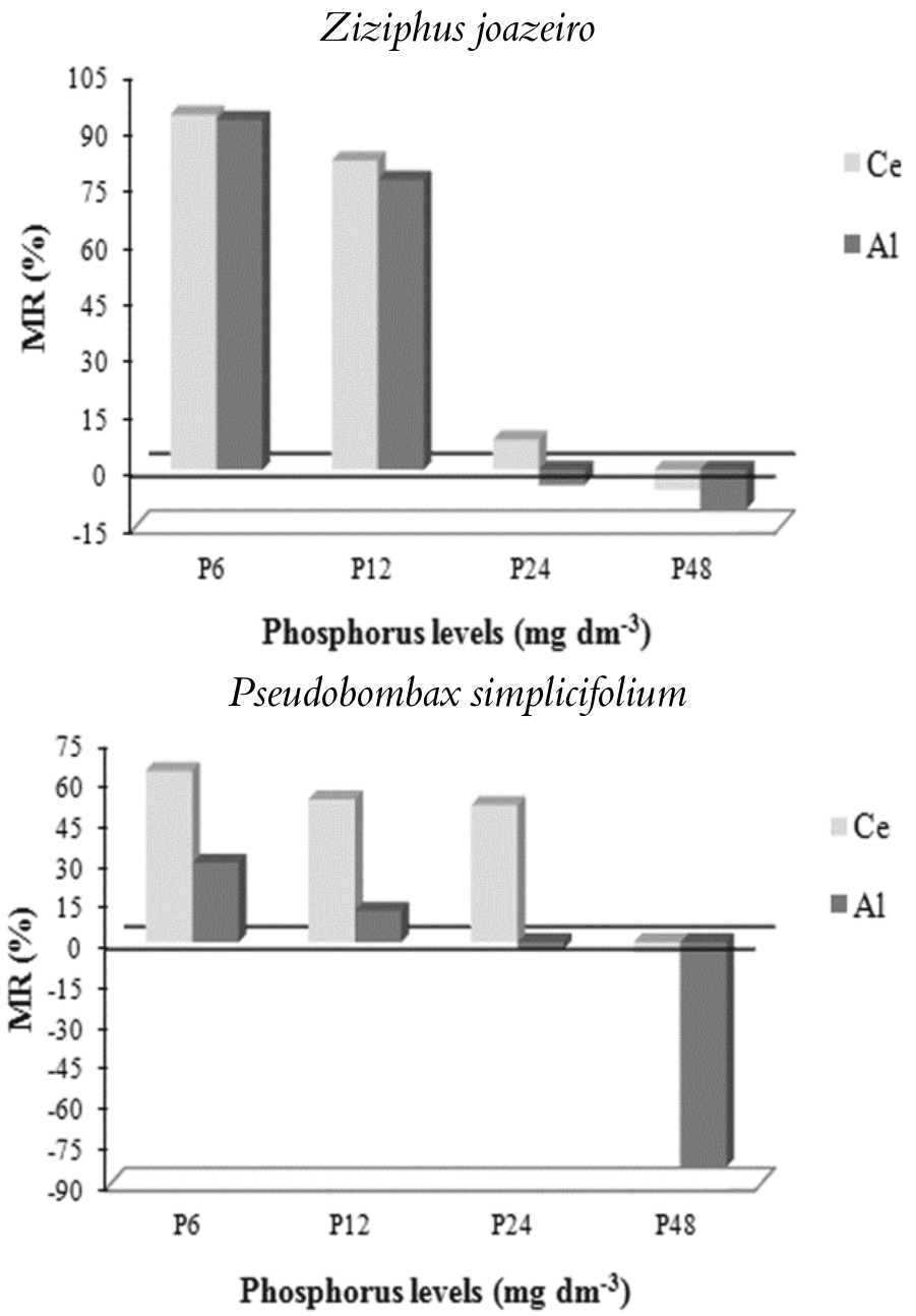  Mycorrhizal
responsiveness (MR) of plants of Ziziphus
joazeiro Mart. (Juazeiro) and Pseudobombax
simplicifolium A. Robyns inoculated or not with Claroideoglomus etunicatum (Ce)
and Acaulospora longula (Al), in soil with increasing doses of
phosphorus, after 135 and 120 days, respectively, in the greenhouse.