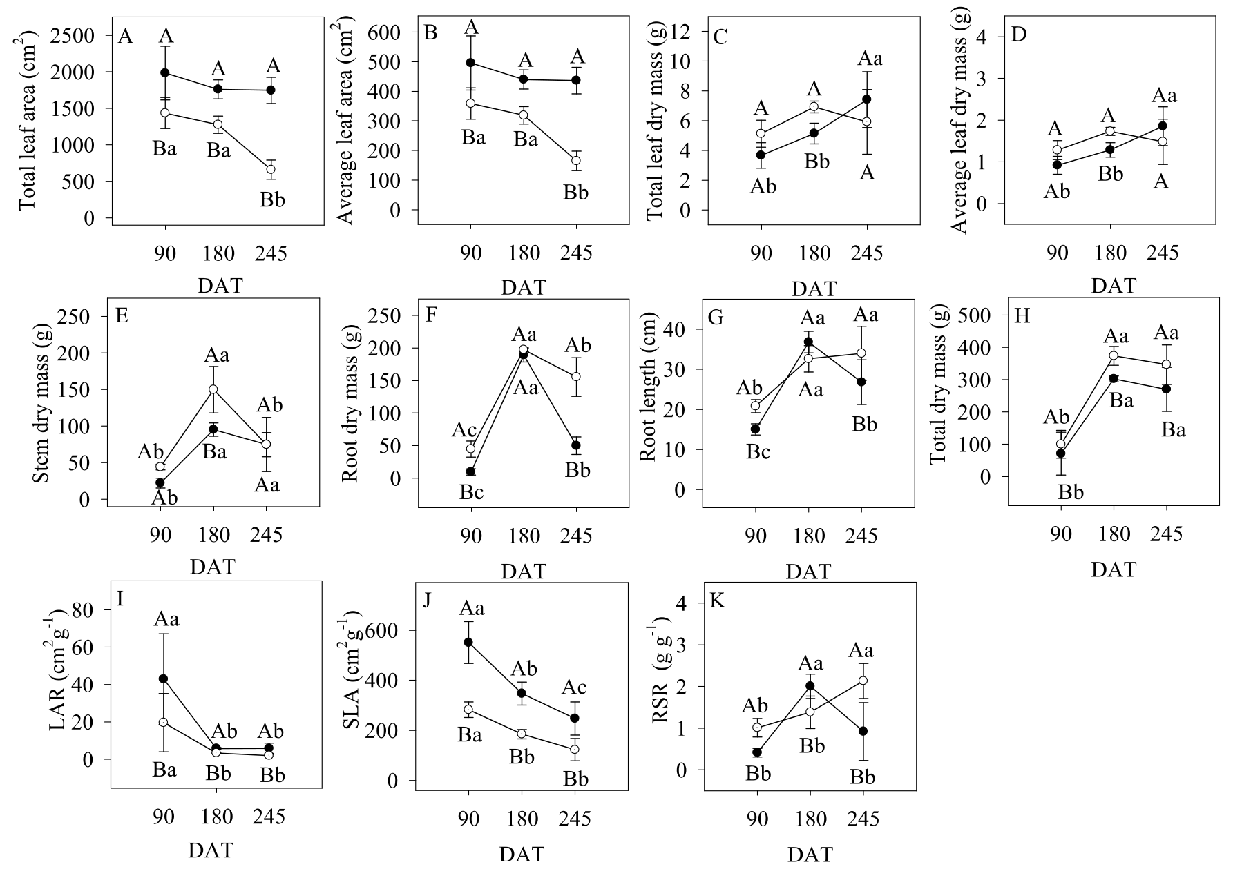 Morphological traits
in Enterolobium contortisiliquum plants
grown under sun (○) or shade
(●) conditions. DAT = days after
transplanting. Total leaf area (A); average leaf area (B); total leaf dry mass
(C); average leaf dry mass (D); stem dry mass (E); root dry mass (F); root
length (G); total dry mass (H); LAR = leaf area ratio (I); SLA = specific leaf
area (J); RSR = root/stem ratio (K). Symbols represent the average (n = 5) and
bars indicate ± standard error values. Capital letters indicate differences
between light treatments (sun and shade) at each measurement date. Lowercase
letters indicate differences among DAT for each treatment. If there were no
significant differences, letters are not shown.