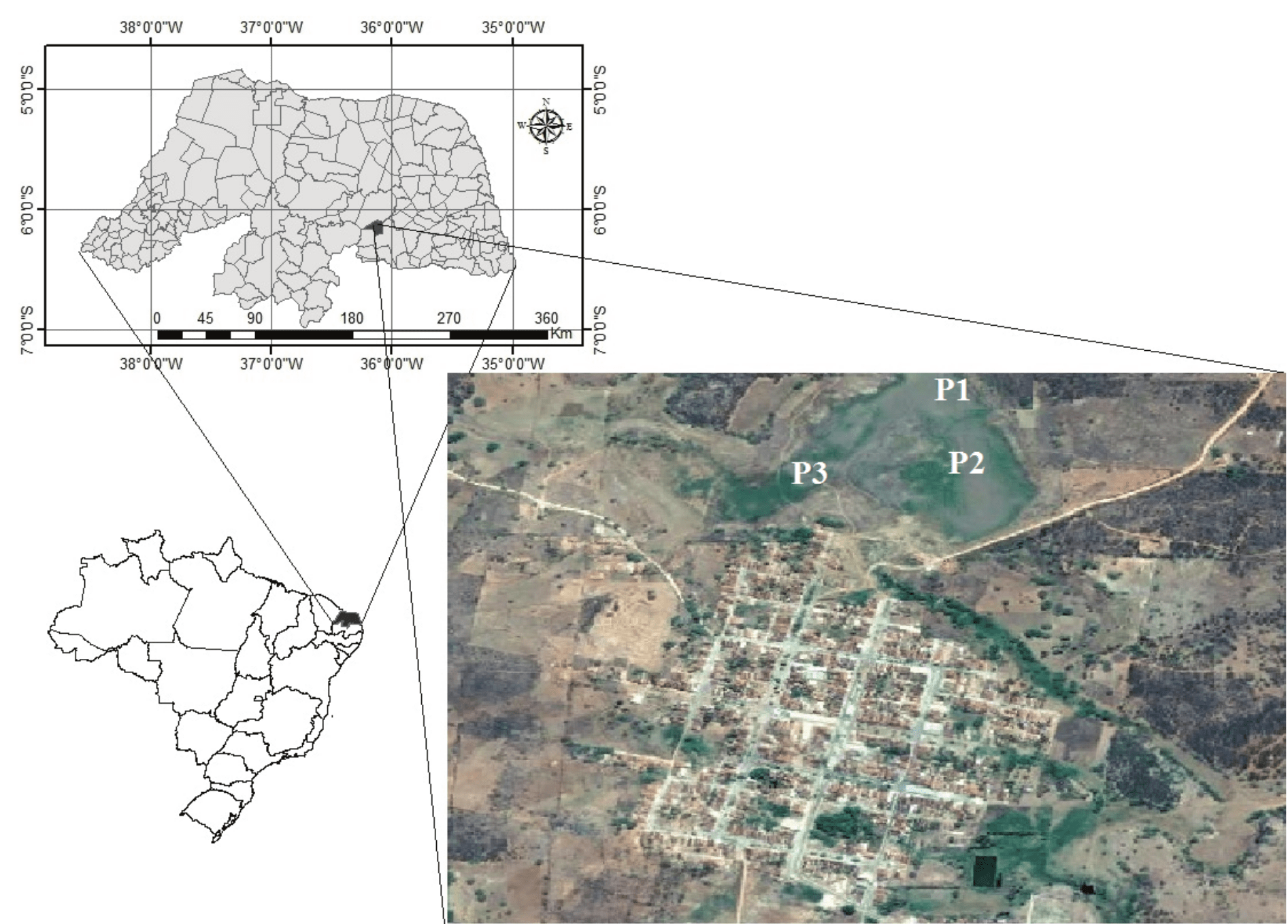 Geographic location of Lajes Pintadas (Rio Grande do Norte, Brazil),
the Riacho das Cachoeiras dam and the sampling points. Adapted from
Google Earth.
