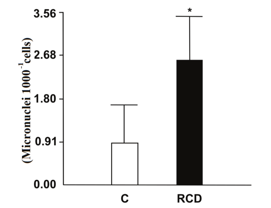 Micronuclei Frequency
in erythrocytes of O. niloticus from Riacho das Cachoeira dam. C
= control fish; RCD =
Riacho das Cachoeiras dam fishes.
Results represented as mean &plusmn; SD. * Statistical
difference, Mann&ndash;Whitney U test (P <0.001).