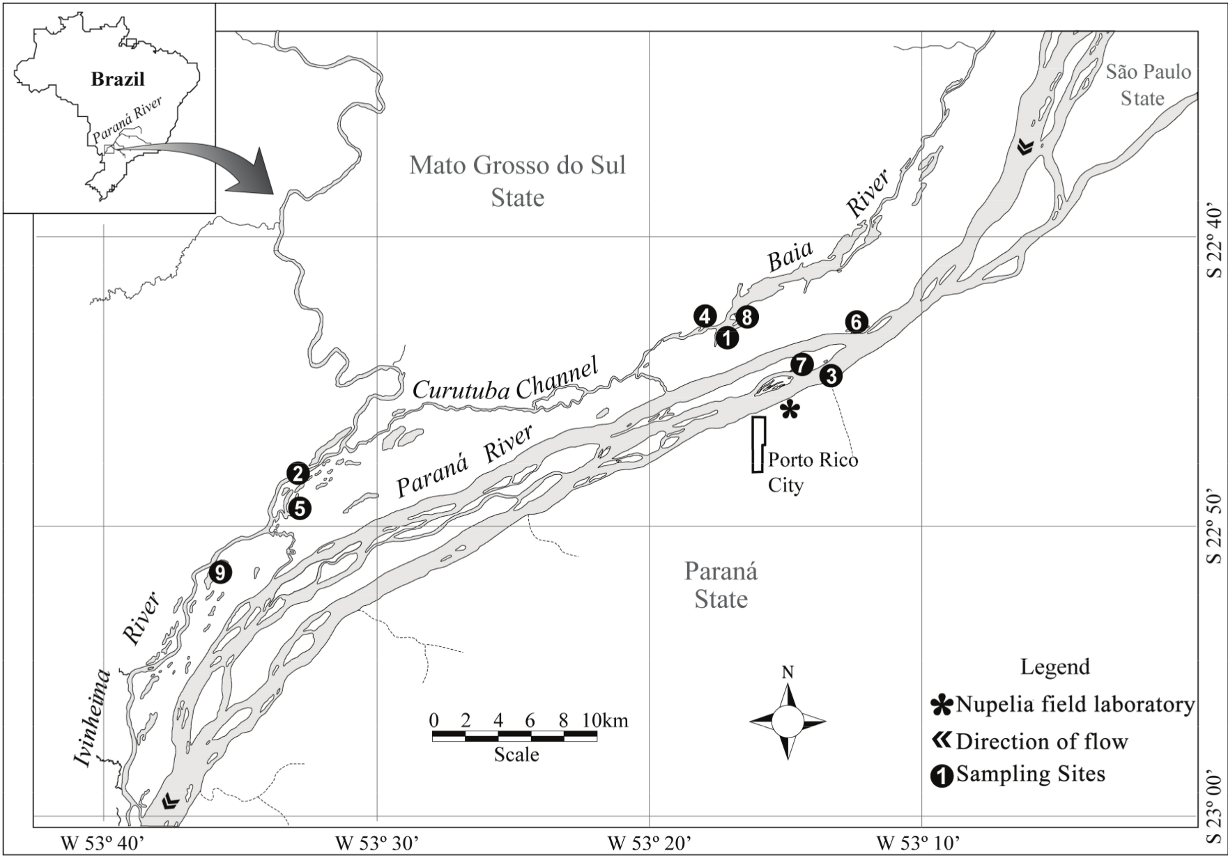 Study area
and location of the sampling sites (Baia River &ndash; 1; Ivinheima River &ndash; 2; Paran&aacute; River &ndash; 3; Guaran&aacute;
Lagoon &ndash; 4; Patos Lagoon &ndash; 5; Gar&ccedil;as
Lagoon &ndash; 6; Ressaco do Pau Veio
Lagoon &ndash; 7; Fechada Lagoon &ndash; 8; Ventura Lagoon &ndash; 9)
on the upper Paran&aacute; River floodplain.