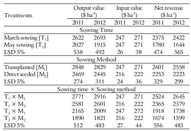 Economic analysis for production of
cotton under different planting techniques and timings.