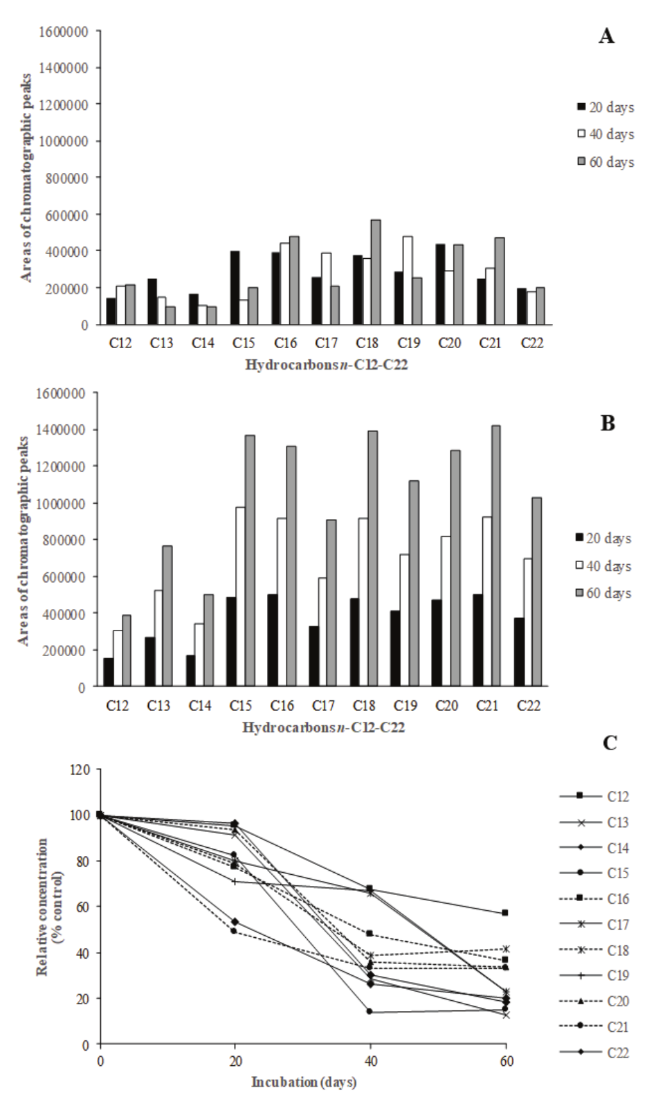Abundance of hydrocarbons n-C12 – C22 in soils contaminated with diesel oil at days 0, 20 and
40. Hydrocarbon concentration is given by the area of the corresponding
chromatographic peaks. (A) Control (non-inoculated soil); (B) soil inoculated
with the microbial consortium; (C) Relative concentration of hydrocarbons in
the inoculated soil (given as % of the concentration in the non-inoculated
control).