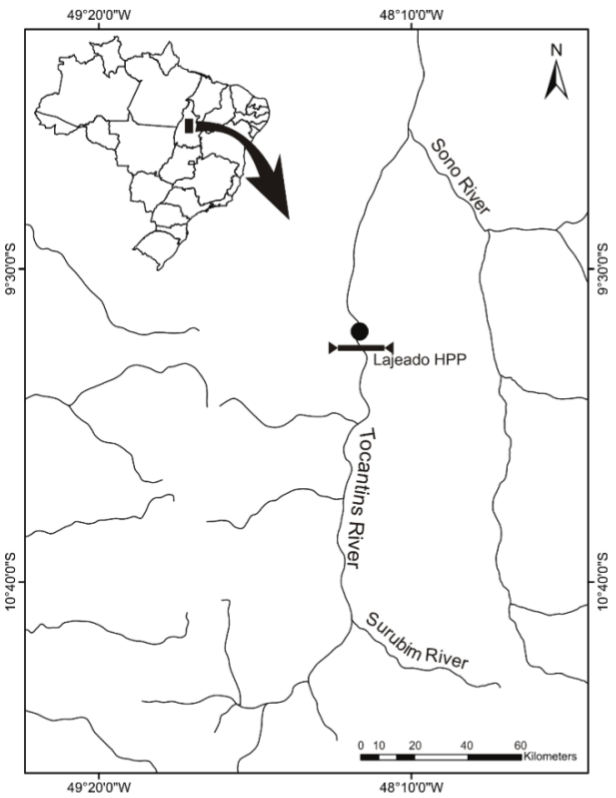 Map of the study area showing the sampling site downstream of the Lajeado Hydroelectric
Power Plant (black dot), upper-middle Tocantins river basin, Tocantins State.