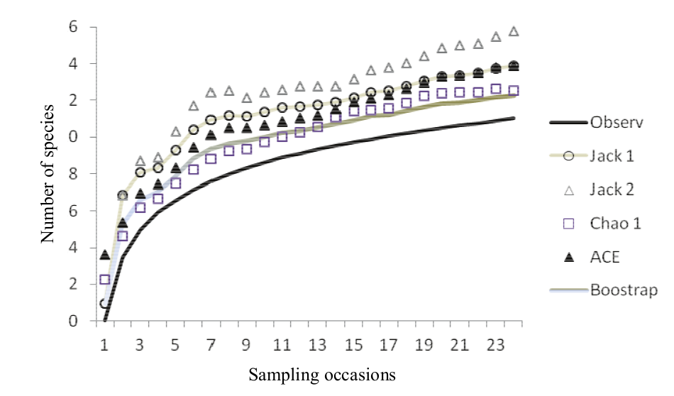 Curves illustrating results for
estimates of richness of species of medium and large mammals photocaptured in
the FLONASFP from June, 2005 to December, 2010.