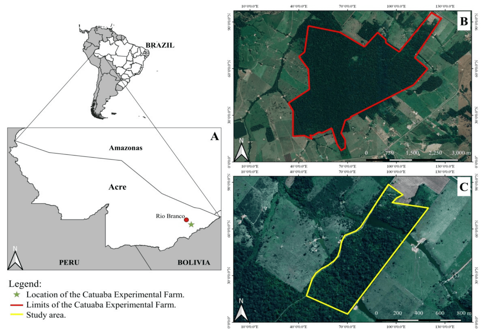Study site. (A) Location of the CEF (green star) within the Brazilian state of Acre and in relation to the state capital, Rio Branco (red circle); (B) Total perimeter of the Catuaba Experimental Farm, including the study area, in the northeastern extreme, and (C) Study area.