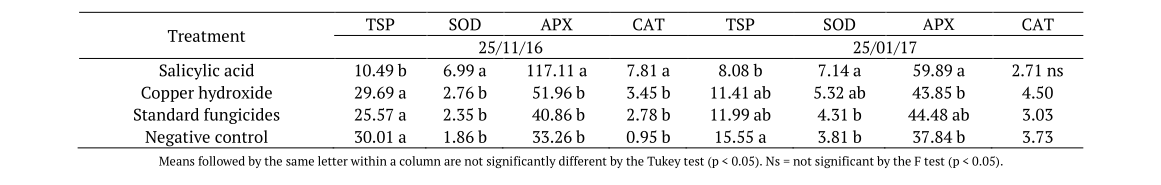 Concentration of total soluble proteins (TSP) (mg of protein g of fresh mass-1), superoxide dismutase (SOD) (U min.-1 mg-1 of protein), ascorbate peroxidase (APX) (mol min.-1 mg of protein-1) and catalase (CAT) (mol min.-1 mg of protein-1) in coffee plants treated with salicylic acid (150 mg L-1), copper hydroxide (2 kg ha-1), and standard fungicides used by local farmers (boscalid, copper hydroxide, and pyraclostrobin + epoxiconazole).