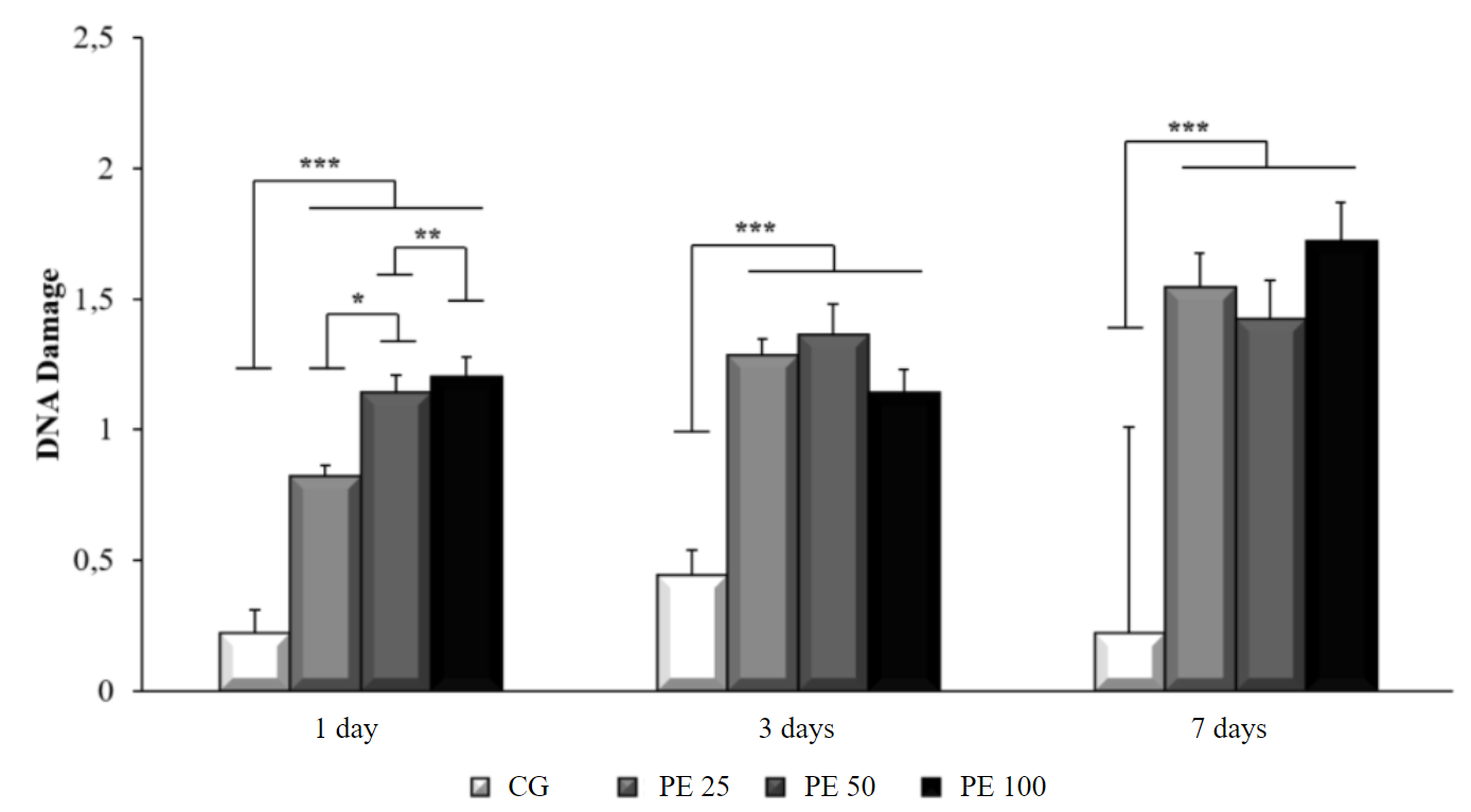 Figure 6. Comet Assay using MC3T3 cell line, grown in solution containing different PE extracts. Triple asterisks indicate p < 0.0001.