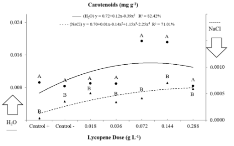 Figure 8. Carotenoid contents in common bean seedlings from seeds subjected to two growth conditions (without and with salt stress) treated with doses of the antioxidant lycopene. Means followed by the same letter in the vertical position are not significantly different by the Tukey test at 5% probability. Coefficient of variation = 20.05%; p < 0.01