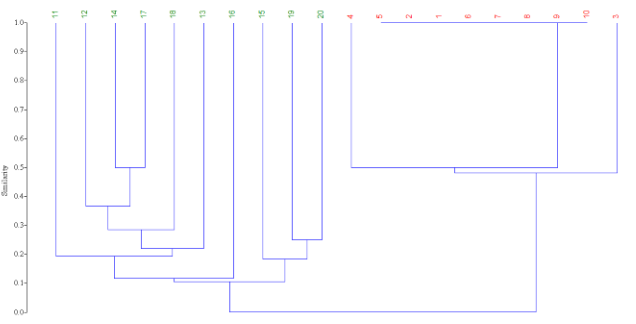 Figure 1. Jaccard similarity analysis for the plots studied in an Atlantic Forest area, Aracaju, Sergipe State, Brazil. Where: numbers in red = portions of the environment invaded by Ricinus communis; green numbers = portions of the environment not invaded by the exotic invader.