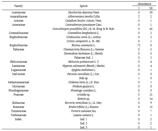 Table 2. Species and their respective abundances sampled in an area of Atlantic Forest in APA Morro do Urubu, Aracaju, Sergipe State, Brazil. Where: I = invaded environment; NI = environment not invaded.
