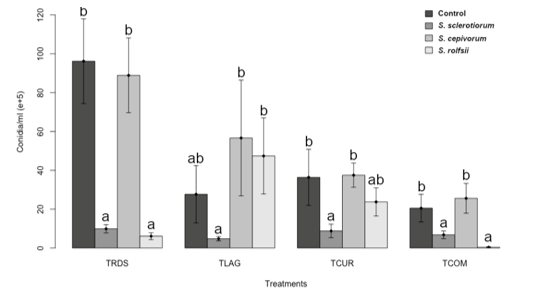 Figure 5. Comparison of conidia production of the different isolates of Trichoderma spp. in each phytopathogenic fungus. Each treatment refers to different phytopathogenic fungi. Tukey test was run at 95% confidence interval. Same letters within treatments show no statistical differences between the Trichoderma strains TCOM (T. harzianum), TCUR (Trichoderma sp. from Curitibanos), TRDS (Trichoderma sp. from Rio do Sul) and TLAG (Trichoderma sp. from Lages). Control is referred to the conidia production of Trichoderma strains on the absence of the plant pathogens. P values for all treatments were less than 0.01.