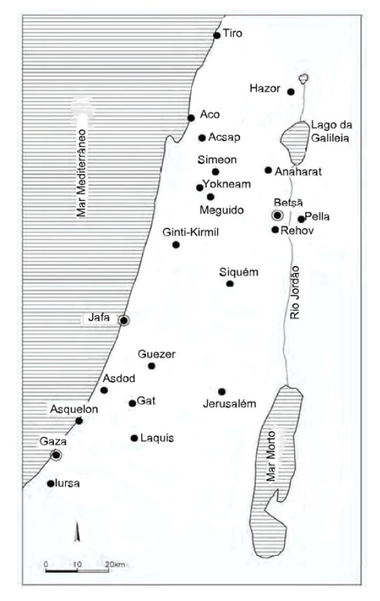 As principais cidades-Estado de Cana&atilde;
centro e sul no per&iacute;odo de Amarna (organizado a
partir da Figura 12.1 de Goren, Finkelstein
e Na&rsquo;aman, Inscribed
in Clay:Provenance Study of the Amarna Letters and other Ancient Near Eastern Texts, 217).