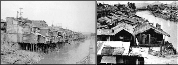 O c�rrego tomado por barracos nos anos 1950