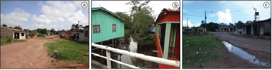 �rea urbana da cidade sede de Barcarena, no Par�: (a) rua sem pavimenta��o, pr�ximo � �rea central; (b) casas de palafita; (c) esgoto a c�u aberto