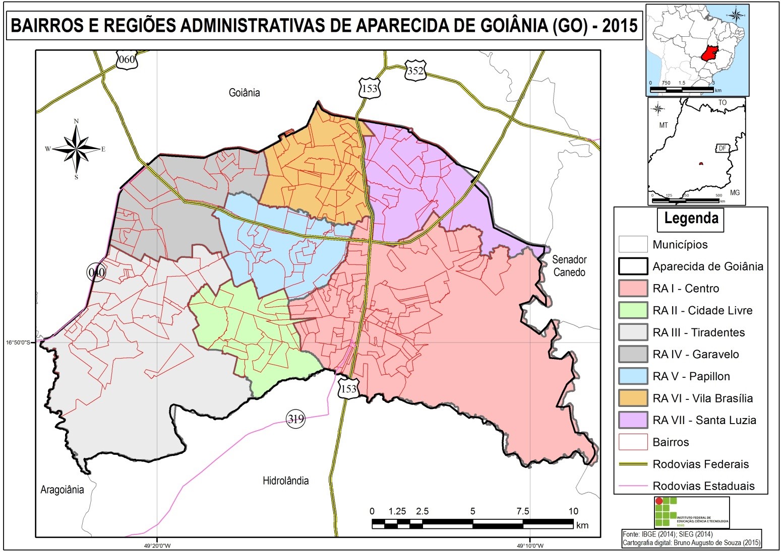 Divisão das regiões administrativas do município de Aparecida de Goiânia, Estado de Goiás
