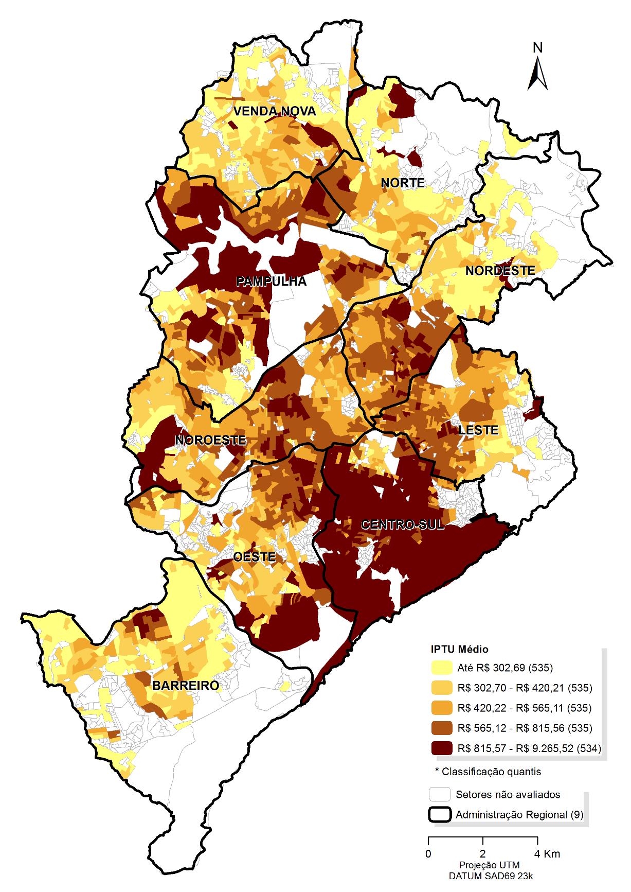 Valores lan�ados de IPTU por setores censit�rios de Belo Horizonte em 2010