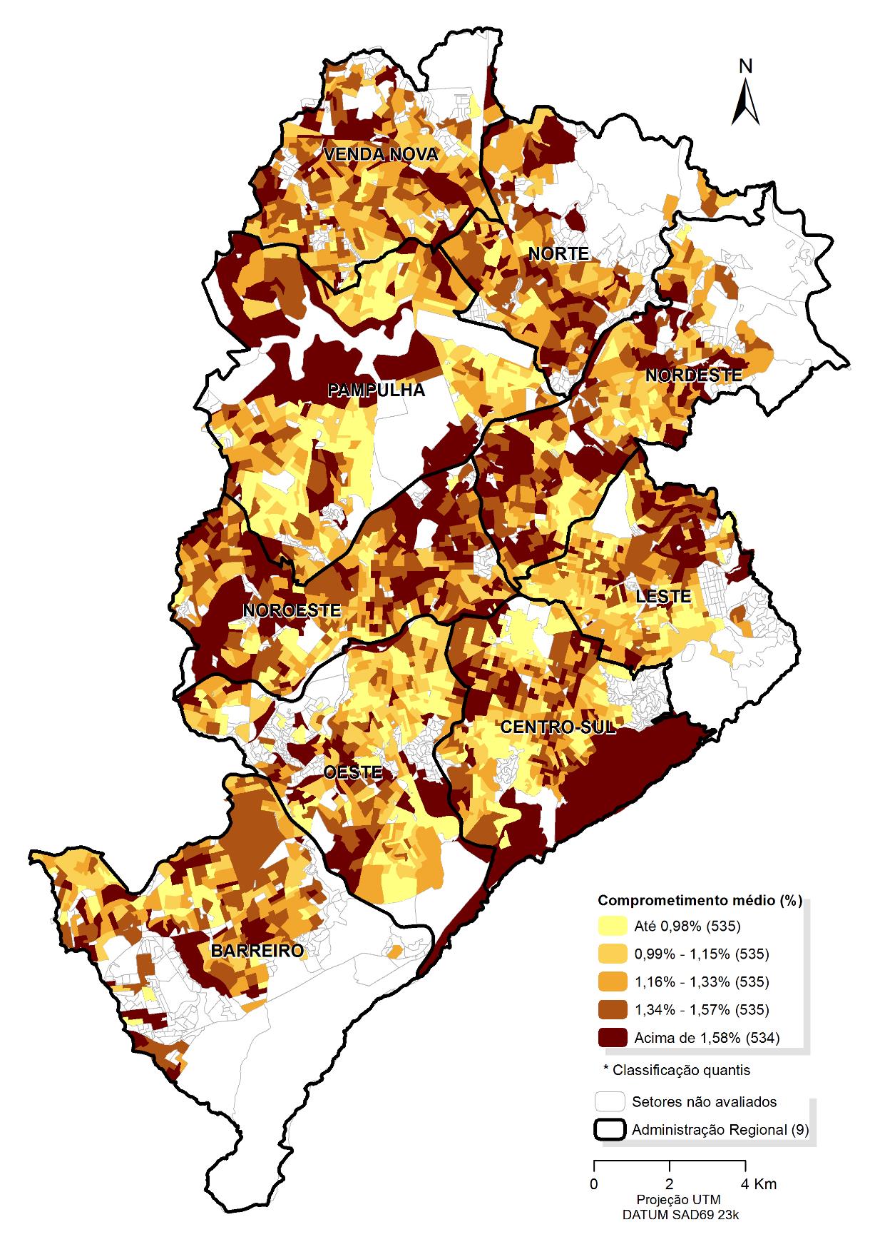 Comprometimento m�dio da renda m�dia mensal domiciliar com o IPTU por setores censit�rios de Belo Horizonte em 2010
