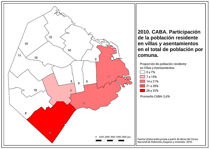  - Proporci&oacute;n de poblaci&oacute;n en villas y asentamientos en el total de la poblaci&oacute;n por comuna. CABA, Argentina 