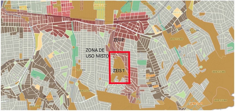  - Mapa de Zoneamento Lei n.&ordm; 16.402/2016. Detalhe do mesmo trecho da Estrada Dom Jo&atilde;o Nery mostrando a desapropria&ccedil;&atilde;o sobre a &aacute;rea ZEIS 1 