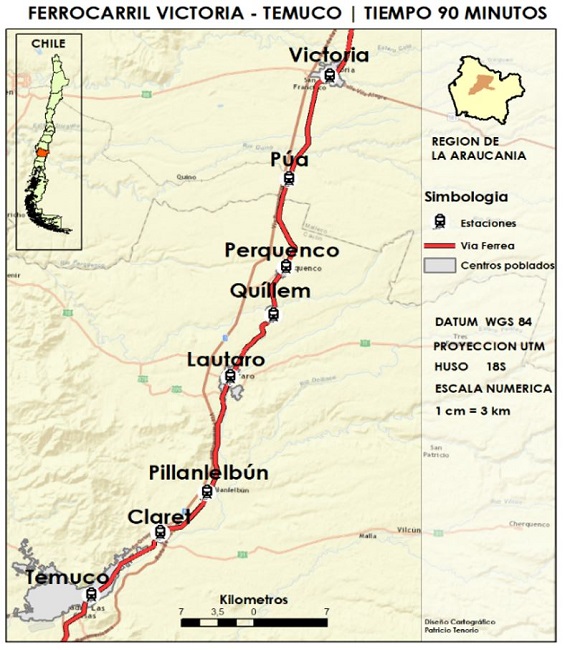 - Ruta del ferrocarril de La Araucan&iacute;a. Fuente: Elaboraci&oacute;n propia. 