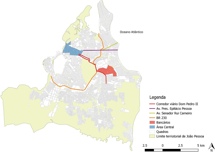 - Mapa de localiza&ccedil;&atilde;o do Bairro Banc&aacute;rios em rela&ccedil;&atilde;o ao centro e &agrave;s principais avenidas da cidade de Jo&atilde;o Pessoa, Para&iacute;ba. 