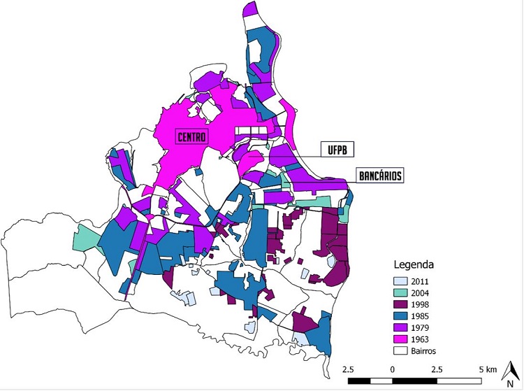 - Mapa de expans&atilde;o da cidade de Jo&atilde;o Pessoa entre os anos de 1960 e 2011. 