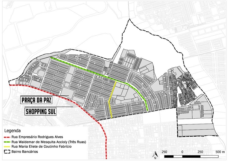 - Localiza&ccedil;&atilde;o da principal avenida do Banc&aacute;rios e as &ldquo;Tr&ecirc;s Ruas&rdquo;. 