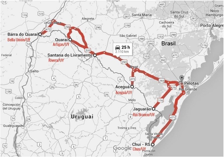 - Route travelled in the Brazil-Uruguay border. 