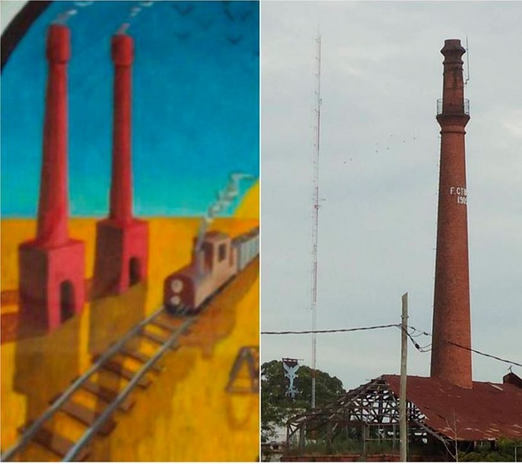 - Chimeneas de la f&aacute;brica de ladrillos en el escudo de la localidad de Ringuelet (izquierda) y chimeneas en foto actual (derecha). 