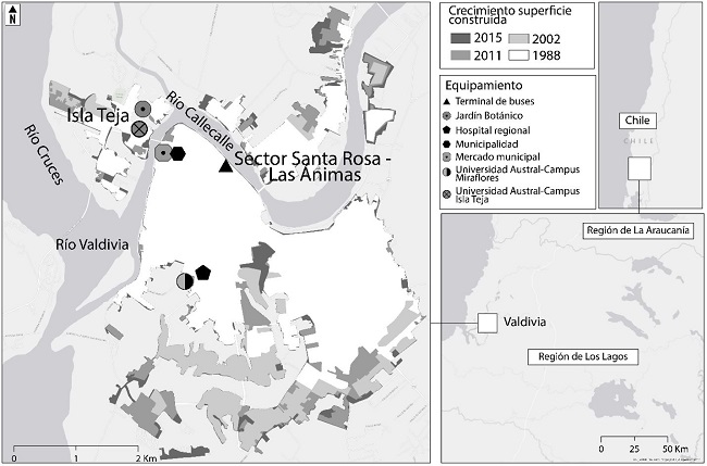 - Variación superficie Construida Ciudad Valdivia (1988-2015), Equipamientos y Contexto regional. 