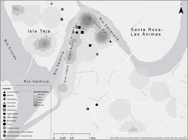 - Densidad de Kernel en Edificación en altura tipo habitacional y Equipamientos, Valdivia. 