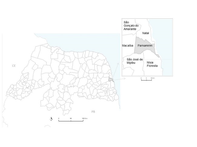 Localiza&ccedil;&atilde;o do munic&iacute;pio de Parnamirim/RN. 