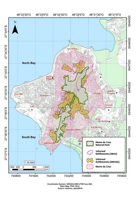 - Morro da Cruz informal Settlements. Source: adapted by the authors from Florian&oacute;polis (2012) and IBGE (2011).