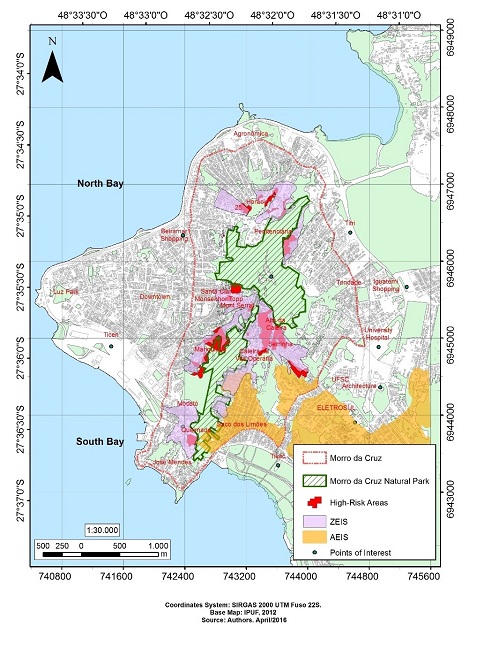 - ZEIS and High-Risk Areas of Morro da Cruz. Source: adapted by the authors from Florian&oacute;polis (2012).