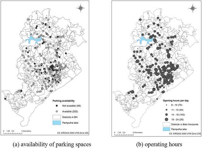 - Location of CDPs: availability of parking spaces (a) and operating hours (b). Source: The authors.